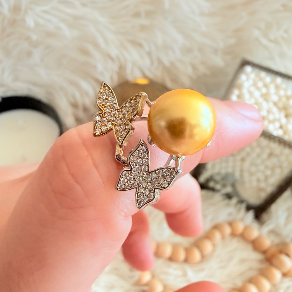 14mm Golden South Sea Pearl in S925 Italian Silver Butterfly Ring